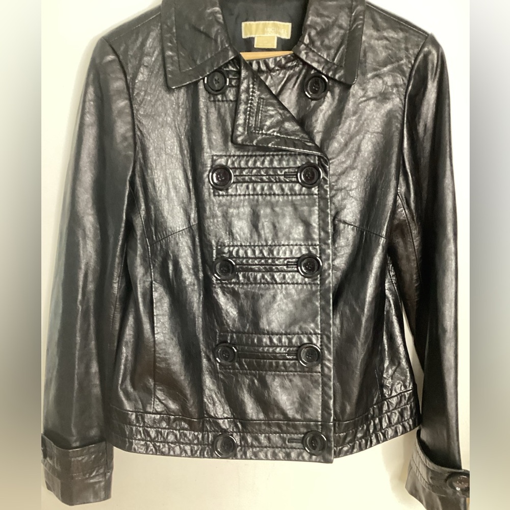 Michael Kors Double-Breasted Black Genuine Leather Jacket S - Picture 2 of 16